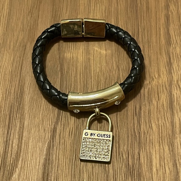 G by Guess Black and Gold Leather Bracelet with Padlock Charm - Picture 1 of 1